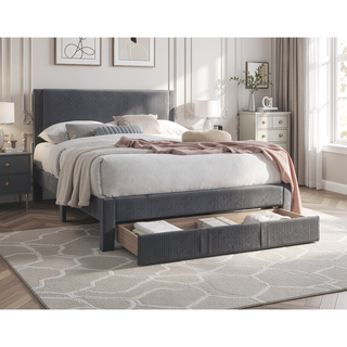 Sunvega Modern Charcoal Corduroy Upholstered Full Size Bed with Storage Drawer