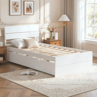 Sunvega Modern White High Gloss Twin Bed Frame with Light Oak Trundle for Space Saving