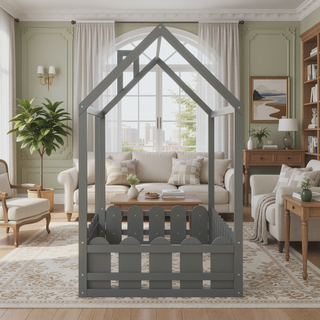 Sunvega Twin Size House Bed Frame with Fence and Roof for Kids and Teens