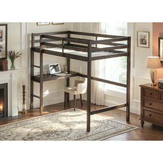 Sunvega Twin High Loft Bed with Built-in Desk and Ladder in Espresso Rubber Wood