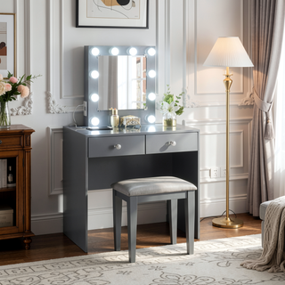Sunvega Gray Makeup Vanity Stool Set with 10 Lights USB Port and Outlet