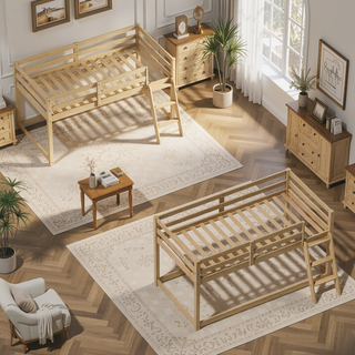 Sunvega Solid Wood Low Loft Bed with LED Lighting Converts to Twin Bunk Bed