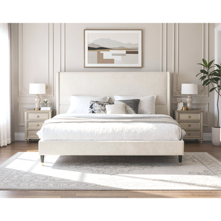 Sunvega King Beige Velvet Wingback Platform Bed with Low Profile Design