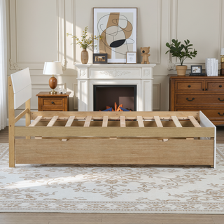 Sunvega Modern White High Gloss Twin Bed Frame with Light Oak Trundle for Space Saving