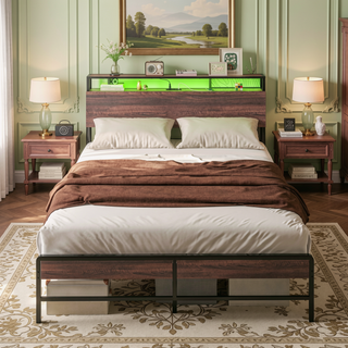 Sunvega Queen Bed Frame with Headboard LED Lights Charging Station 3-Tier Storage Shelf