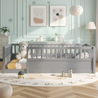 Sunvega Montessori Wooden Children's Floor Bed Frame with High Safety Fence