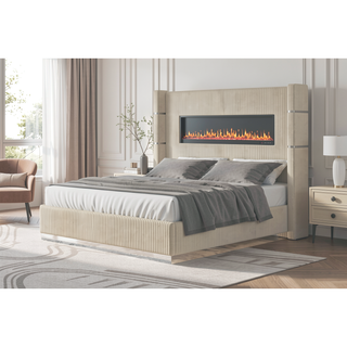 Sunvega King Size Upholstered Wooden Bed with Bluetooth Speakers and USB Ports