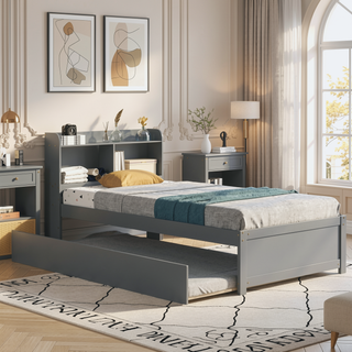 Sunvega White Twin Trundle Bed with Storage Headboard and Bookcase