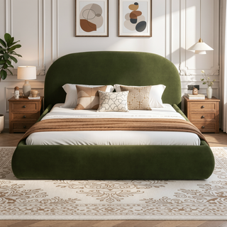 Sunvega Almond White King Upholstered Platform Bed with Arch Puffy Headboard