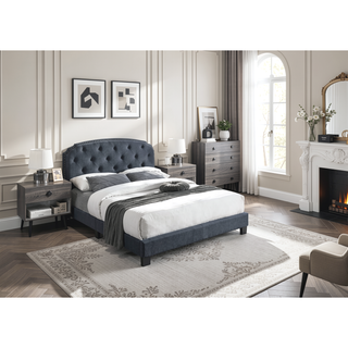 Sunvega Queen Size Charcoal Burlap Button Tufted Headboard Bed with Nailhead Trim