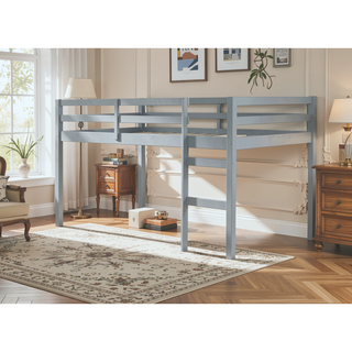 Sunvega Espresso Rubber Wood Low Height Loft Bed with Ladder for Bedroom
