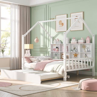 Sunvega Wooden Twin Size House Bed with Trundle and Playhouse Design Shelf