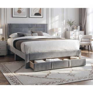 Sunvega Modern Gray Corduroy Upholstered Headboard Queen Size Bed with Storage Drawer