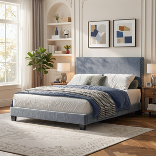 Sunvega Plush Velvet Upholstered Platform Bed with Nailhead Trim and Padded Headboard