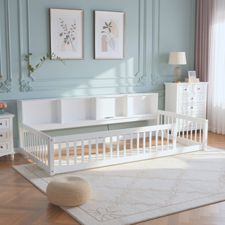 Sunvega White Wood Twin XL Floor Bed with Storage Cabinets and USB Charging Ports