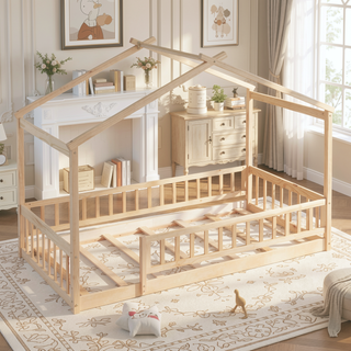 Sunvega Full Size House Bed Frame with Playhouse Fence and Roof for Kids