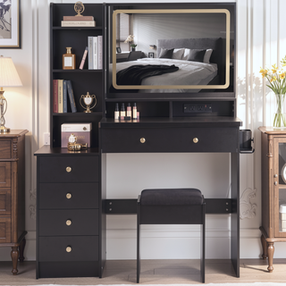 Sunvega 41 Inch Large Size Left Bedside Cabinet Vanity Table with Cushioned Stool