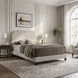 Sunvega Art Deco Inspired Queen Panel Bed with Nailhead Trim and Matte Metallic Finish