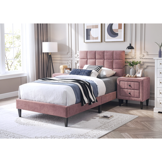 Sunvega Twin Bed with Adjustable Headboard and Soft Brushed Linen Fabric