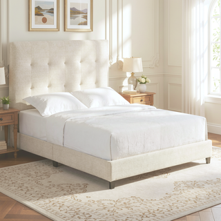 Sunvega Beige Upholstered Queen Size Platform Bed with Padded Headboard