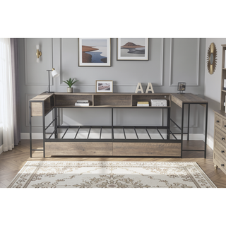 Sunvega Twin Corner Bed Frame with Bookcase Storage Drawers LED Lights Charging