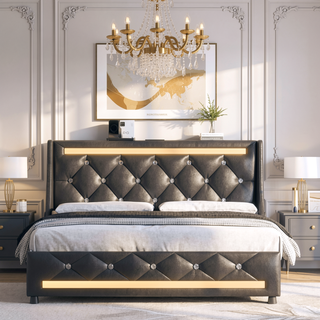 Sunvega Queen Size Bed Frame with Headboard LED Lights Charging Station Storage