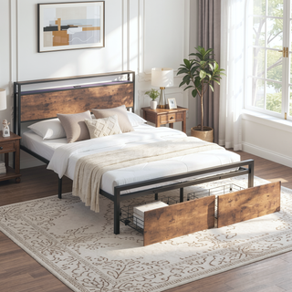 Sunvega Queen Size RGB LED Bed Frame with Storage Headboard and Charging Station