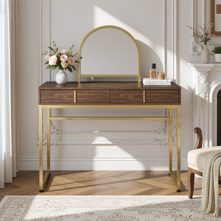 Sunvega White and Gold Vanity Desk with Mirror and Jewelry Storage Tray