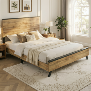 Sunvega Mid-Century Modern Queen Panel Bed with Weathered Brown Pine Finish