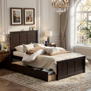 Sunvega Twin Size Platform Bed with Trundle in Espresso Made of Solid Wood