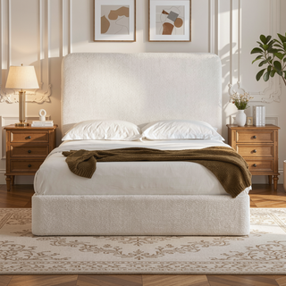 Sunvega Pearl White Chenille Upholstered King Bed with 52 Inch Tall Headboard