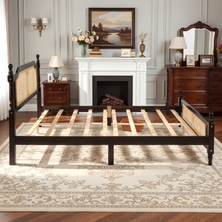 Sunvega Queen Pine Wooden Bed with Rattan Headboard and Footboard for Bedroom