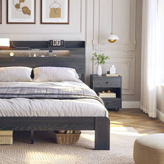 Sunvega King Size Wood Platform Bed Frame with Storage Headboard and 2 USB Ports