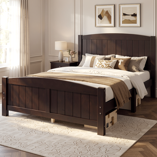 Sunvega White Solid Wood Queen Platform Bed with Slats No Box Spring Needed