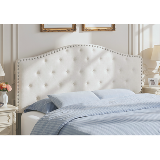 Sunvega Upholstered White Leather Look Headboard with Chrome Nailhead Trim for Full Size Bed