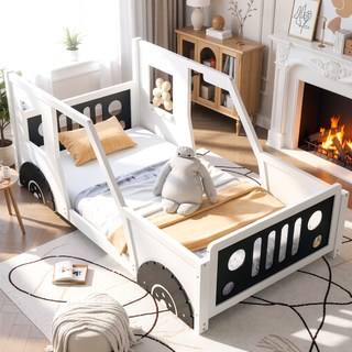 Sunvega Twin Size Blue Classic Car-Shaped Platform Bed with Wheels