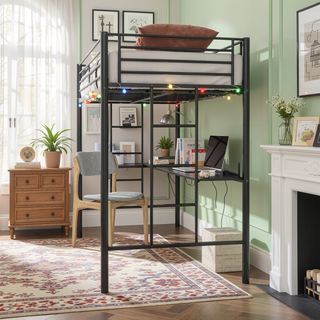 Sunvega Sturdy Metal Twin Loft Bed with Guardrails and Storage Steps