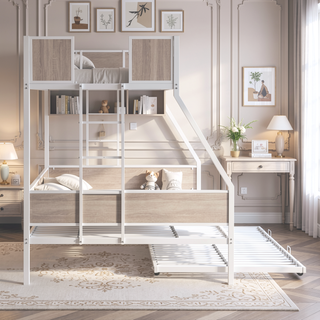 Sunvega Twin Over Full Metal Bunk Bed with Trundle and Guardrail for Bedroom