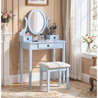 Sunvega Pink Wood Makeup Vanity Table and Stool Set with Mirror and Storage Drawers