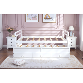 Sunvega Twin Size Pine Wood Bed with Headboard, Footboard, Trundle, and Three Storage Drawers