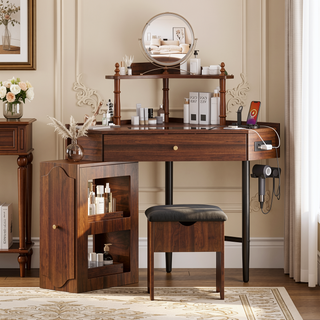 Sunvega Corner Vanity Desk Set with Storage Stool Charging Station and Glass Tabletop