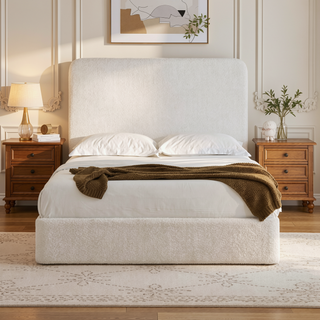 Sunvega Pearl White Chenille Upholstered King Bed with 52 Inch Tall Headboard