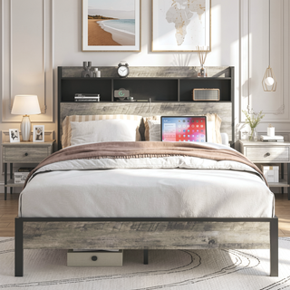 Sunvega Sturdy Single Bed Frame with Headboard Storage and Charging Station