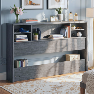 Sunvega Full Queen Bookcase Headboard with Storage and Adjustable Shelves