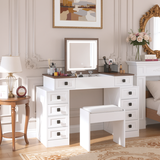 Sunvega Dimmable LED Vanity Desk with Flip Up Mirror and 10 Drawers