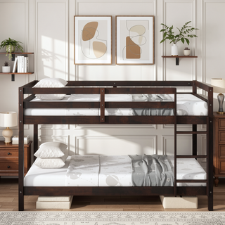 Sunvega Twin over Twin Floor Bunk Bed with Ladder and Strengthened Slats in Espresso