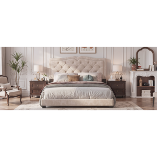 Sunvega Queen Size Upholstered Bed Frame with Tufted Velvet Headboard and Rivet Design