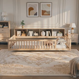 Sunvega White Wood Twin XL Floor Bed with Storage Cabinets and USB Charging Ports