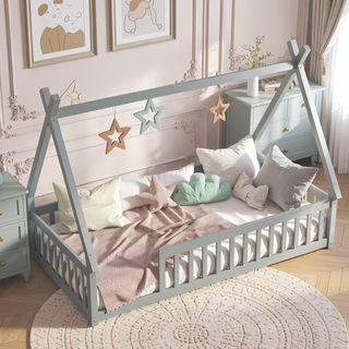Sunvega Twin Tent Teepee Bed with Guardrails Slats and Door in Grey