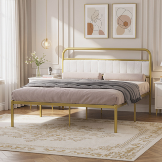 Sunvega Queen Size Metal Frame Bed with Upholstered Headboard for Hotels Villas